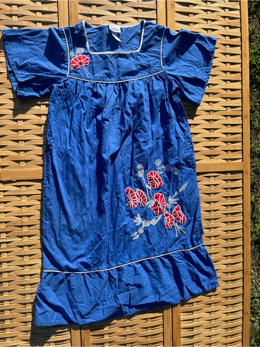 🔥3/$8- Blue Embroidered Cotton Midi Dress with Red Floral Detail